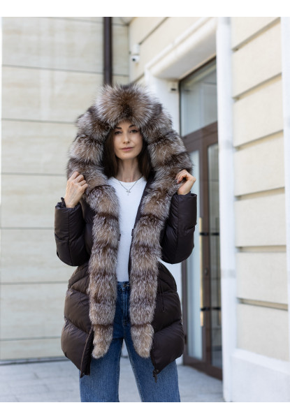 Пуховик Sifurs з хутром чорнобурки S коричневий (ПП-1-ЧБ-КОР)