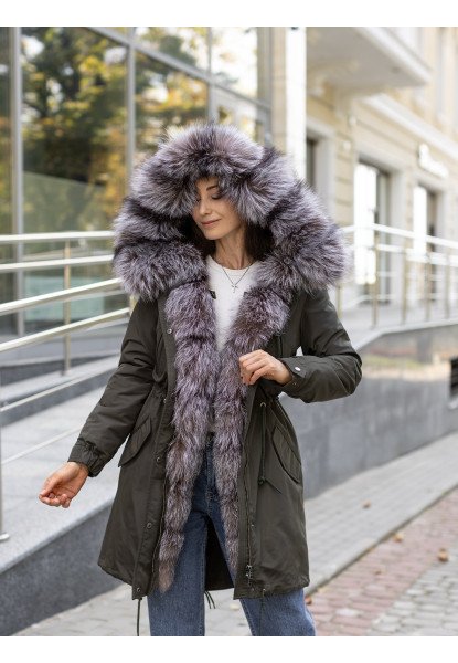 Парка Sifurs з мехом чорнобурки на норкової підстежці S Хаки (М523-100-ЧБН-ХАК)